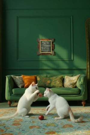 Two white cats play with a ball in a luxurious green living room with a batik-themed sofa. On the wall, a small chalkboard reads Mochi & Cimol. The scene is captured in ultra-high detailed 8K, with intricate textures and natural lighting. The composition highlights the playful interaction between the cats and the elegant, colorful decor of the living room.