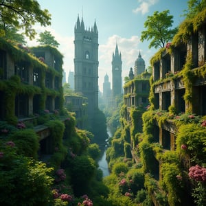 Aerial view of an overgrown, deserted London city, covered in vibrant green moss, towering trees, and blooming flowers, high detailed 8K resolution, cinematic composition, clear blue sky with soft sunlight casting shadows, intricate details of nature reclaiming iconic landmarks, serene yet haunting atmosphere, vibrant colors contrasting with decay.