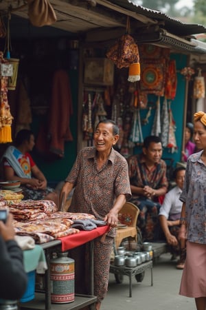 A ultra high detailed, 8K image of an elderly man, aged 70, selling batik-patterned accessories by the roadside. He stands happily in his small shop, looking at approaching customers. The shot is framed in a wide, distant view, capturing the vibrant street scene and his joyful expression.