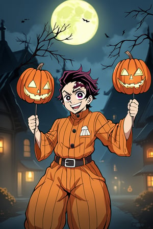 A whimsical Kamado Tanjiro from the hit anime series Demon Slayer stands amidst a spooky autumnal setting at a Halloween party. The character, donning his iconic orange jumpsuit, holds a festive Halloween ornament in hand, surrounded by glowing jack-o'-lanterns and cobweb-covered candelabras. The eerie atmosphere is illuminated by a full moon, casting an otherworldly glow on the festivities.