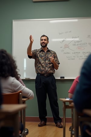 A male teacher passionately teaching in front of a classroom, wearing a batik-patterned shirt, black long pants, and leather shoes. He stands in front of a whiteboard, animatedly explaining concepts. Ultra-high detailed, 8k resolution, with sharp focus on the teacher's enthusiastic expressions and the intricate details of the whiteboard. The scene is well-lit, capturing the dynamic interaction between the teacher and the whiteboard, framed by students' desks.