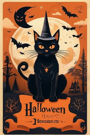 A dark, misty night setting with a faint full moon casting an eerie glow. A sleek black cat, wearing a pointy witch's hat and a mischievous grin, holds a piece of paper in its paw. The paper is adorned with bold, orange letters reading 'Halloween 2024'. The cat's eyes sparkle with magic as it sits atop a crumbling stone tombstone, surrounded by twisted cypress trees and overgrown vines.