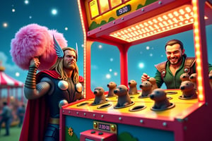 Foreground, Thor, once invincible Asgardian god, now extremely frustrated mortal, grasps a giant fluffy pink hammer beside the vibrant @Wack-a-mole machine, as smal mechanicla gophers hide inside a holes avoding being hit by the hammer. . The bright lights of the funfair's midway glint off the metal contraption,. Loki, god of mischeif and trickster extraordinaire, sneers with amusement from behind Thor, his eyes twinkling like stars on a celestial canvas.,Marvel comic style . The whack-a-mole machine is a colorful, arcade-style game, typically rectangular in shape with a control panel at the bottom. The top surface of the machine has multiple round holes, usually 5-10, arranged in a grid pattern. The holes are evenly spaced and have smooth edges. Each hole is large enough for a small mechanical mole head to pop out of.
The moles are small, cartoon-like figures, often with exaggerated, playful expressions, usually featuring big eyes, tiny noses, and smiling faces. The moles are designed to pop up randomly and quickly disappear back into the holes. Each mole is equipped with a spring or hydraulic mechanism that allows it to rapidly rise and fall.
Above the play area, there is typically a score display, which is an LED screen that shows the player’s current score, counting each successful hit on a mole. Some versions have flashing lights or fun sounds that activate when a mole is hit.
The machine’s color scheme is often bright and lively, with primary colors like red, yellow, and blue. The surface might feature decorative images of moles, grass, or dirt, giving the appearance of a playful, underground game.