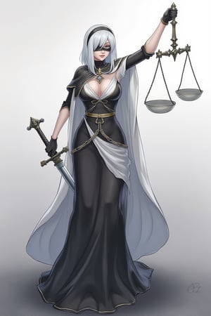 2b yorha,Nier: Automata,platinum bob, 2b, as a lady of justic, Lady Justice (Latin: Iustitia) is an allegorical personification of the moral force in judicial systems.[1][2] Her attributes are scales, a sword and sometimes a blindfold