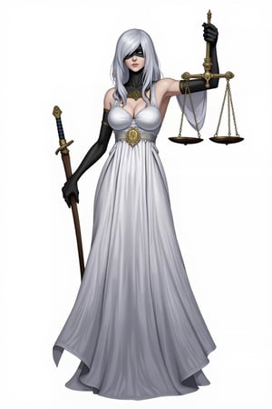 2b yorha,Nier: Automata,platinum bob, 2b, as a lady of justic, Lady Justice (Latin: Iustitia) is an allegorical personification of the moral force in judicial systems.[1][2] Her attributes are scales, a sword and sometimes a blindfold