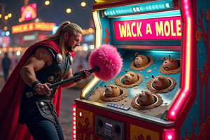  Thor, once invincible Asgardian god, now frustrated mortal, grasps a giant fluffy pink hammer beside the vibrant @Wack-a-mole machine, as smal mechanicla gophers hide inside a holes avoding being hit by the hammer. . The bright lights of the funfair's midway glint off the metal contraption, while Loki, brother and trickster extraordinaire, sneers with amusement from behind Thor, his eyes twinkling like stars on a celestial canvas.,Marvel comic style . The whack-a-mole machine is a colorful, arcade-style game, typically rectangular in shape with a control panel at the bottom. The top surface of the machine has multiple round holes, usually 5-10, arranged in a grid pattern. The holes are evenly spaced and have smooth edges. Each hole is large enough for a small mechanical mole head to pop out of.

The moles are small, cartoon-like figures, often with exaggerated, playful expressions, usually featuring big eyes, tiny noses, and smiling faces. The moles are designed to pop up randomly and quickly disappear back into the holes. Each mole is equipped with a spring or hydraulic mechanism that allows it to rapidly rise and fall.

Above the play area, there is typically a score display, which is an LED screen that shows the player’s current score, counting each successful hit on a mole. Some versions have flashing lights or fun sounds that activate when a mole is hit.
The machine’s color scheme is often bright and lively, with primary colors like red, yellow, and blue. The surface might feature decorative images of moles, grass, or dirt, giving the appearance of a playful, underground game.