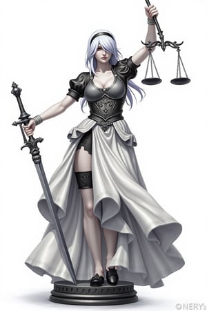 2b yorha,Nier: Automata,platinum bob, 2b, as a lady of justic, Lady Justice (Latin: Iustitia) is an allegorical personification of the moral force in judicial systems.[1][2] Her attributes are scales, a sword and sometimes a blindfold