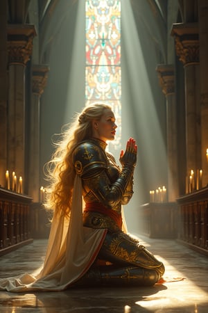 "Create a highly detailed and atmospheric image of Saint Celestine from Warhammer 40K. She is depicted in a grand, gothic cathedral, her figure illuminated by a single, divine beam of light streaming through a large, stained-glass window high above. The light casts intricate, multicolored reflections on the stone floor and walls, highlighting the grandeur of the sacred space.  Saint Celestine is kneeling in prayer at the altar, her posture reverent and serene. She wears her full, ornate power armor, intricately detailed with gold inlays, winged motifs, and the fleur-de-lis symbol of the Adepta Sororitas. The armor is both battle-worn and sacred, reflecting her status as a living saint. Her golden hair flows freely, catching the light, and a faint, ethereal glow surrounds her, emphasizing her divine nature.  Her face is the epitome of divine beauty and serenity, embodying both grace and strength. Her features are finely chiseled, with high cheekbones and a delicate jawline that lend her an air of regal authority. Her skin is pale, almost luminous, with a subtle, ethereal glow that hints at her otherworldly nature. Her eyes are large and almond-shaped, glowing with a soft, golden light that reflects her unwavering faith and connection to the Emperor. They are simultaneously kind and resolute, capable of conveying both compassion and an unyielding determination. Her nose is straight and noble, perfectly complementing her overall symmetry. Her lips are full and naturally pink, set in a calm, contemplative expression, though they can easily curve into a gentle smile when her thoughts turn to the Emperor's grace. Her hair, a cascade of flowing golden locks, is soft and slightly wavy, often catching the light in a halo-like effect.  The cathedral around her is vast, with towering pillars, arched ceilings, and rows of pews extending into the shadows. The walls are adorned with tapestries depicting holy battles, and the altar is decorated with candles, relics, and holy icons. The atmosphere is solemn, filled with a sense of both reverence and awe, as the light of the Emperor shines down upon his most faithful servant."