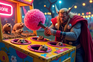  Thor, once invincible Asgardian god, now frustrated mortal, grasps a giant fluffy pink hammer beside the vibrant @Wack-a-mole machine, as smal mechanicla gophers hide inside a holes avoding being hit by the hammer. . The bright lights of the funfair's midway glint off the metal contraption, while Loki, brother and trickster extraordinaire, sneers with amusement from behind Thor, his eyes twinkling like stars on a celestial canvas.,Marvel comic style . The whack-a-mole machine is a colorful, arcade-style game, typically rectangular in shape with a control panel at the bottom. The top surface of the machine has multiple round holes, usually 5-10, arranged in a grid pattern. The holes are evenly spaced and have smooth edges. Each hole is large enough for a small mechanical mole head to pop out of.

The moles are small, cartoon-like figures, often with exaggerated, playful expressions, usually featuring big eyes, tiny noses, and smiling faces. The moles are designed to pop up randomly and quickly disappear back into the holes. Each mole is equipped with a spring or hydraulic mechanism that allows it to rapidly rise and fall.

Above the play area, there is typically a score display, which is an LED screen that shows the player’s current score, counting each successful hit on a mole. Some versions have flashing lights or fun sounds that activate when a mole is hit.
The machine’s color scheme is often bright and lively, with primary colors like red, yellow, and blue. The surface might feature decorative images of moles, grass, or dirt, giving the appearance of a playful, underground game.