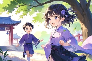 ((masterpiece)), ultra detailed, best quality, 8k, absolutely resolution, aesthetic, watercolor, pastel style, beautiful gradation, super beautiful eyes, 2child, 1girl and 1boy, happy, running, playing, 
1girl, little girl, cute, happy, purple eyes, purple-black hair, wearing traditional Chinese clothing skirt,
1boy, little boy, cute, happy, blue eyes, creamy brown hair, wearing traditional Chinese clothing skirt
The background is under the large green tree, sunlight filtering through the leaves.