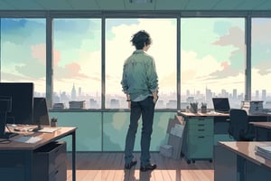 ((masterpiece)), ultra detailed, best quality, 8k, absolutely resolution, aesthetic, watercolor, pastel style, beautiful gradation, super beautiful eyes, 
1man, sad, standing, feeling depressed and lonely, with green eyes and messy short black hair, tired expression, wearing casual wrinkled clothing in dull colors. the background is in a office.