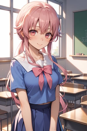 score_9, score_8_up, score_7_up, best_quality, 1girl, classroom_background, pink_hair, long_hair, medium_breasts, school_uniform, :), hands_clap, gasai_yuno, pink_eyes, 