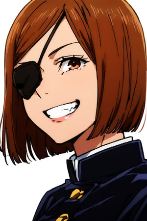 Two heads, joined, Eyepatch, Nobara, 1 girl, alone, looking at the viewer, smile, short hair, Hits, Brown hair, Brown eyes, jacket, Upper body, teeth, smile, swept Hits, Portrait, gakuran, nail, Kugisaki Nobara