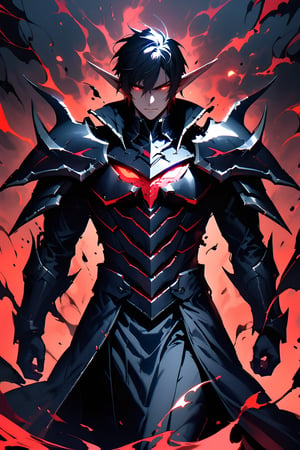 Highly detailed, High Quality, Masterpice, Beautiful.(medium long shot), 1 boy, a male elf with long, messy black hair, glowing red eyes, and a villainous appearance, exuding a dark and sinister aura, black paladin armor with a long, dark blue trench coat, almost black, enhancing his dark and mysterious nature.