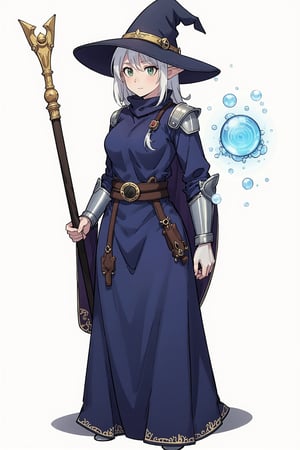 score_9, score_8_up, score_7_up, (CharacterSheet:1), elf female, dark blue mage robes with light armor, silver hair, green eyes, dynamic pose, full body, wielding a staff with water magic, wearing a witch/mage hat, reference sheet, (UHD), (digital art), (highly detailed), (simple solid background), CharacterDesignXL, cartoon, Eyes, Beautiful eyes
