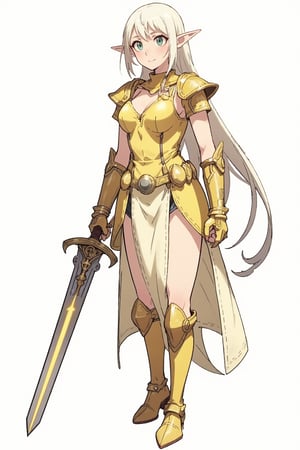 score_9, score_8_up, score_7_up, (CharacterSheet:1), elf female, silver hair, green eyes, wearing light golden paladin armor, dynamic pose, full body, wielding a radiant sword with light magic, reference sheet, (UHD), (digital art), (highly detailed), (simple solid background), CharacterDesignXL, cartoon, Eyes, Beautiful eyes
