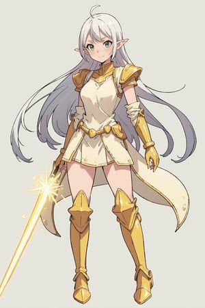 score_9, score_8_up, score_7_up, (CharacterSheet:1), elf female, silver hair, green eyes, wearing light golden paladin armor, dynamic pose, full body, wielding a radiant sword with light magic, reference sheet, (UHD), (digital art), (highly detailed), (simple solid background), CharacterDesignXL, cartoon, Eyes, Beautiful eyes
