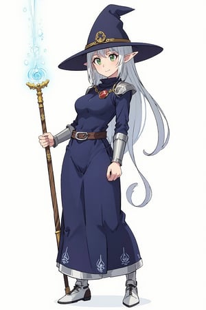 score_9, score_8_up, score_7_up, (CharacterSheet:1), elf female, dark blue mage robes with light armor, silver hair, green eyes, dynamic pose, full body, wielding a staff with water magic, wearing a witch/mage hat, reference sheet, (UHD), (digital art), (highly detailed), (simple solid background), CharacterDesignXL, cartoon, Eyes, Beautiful eyes
