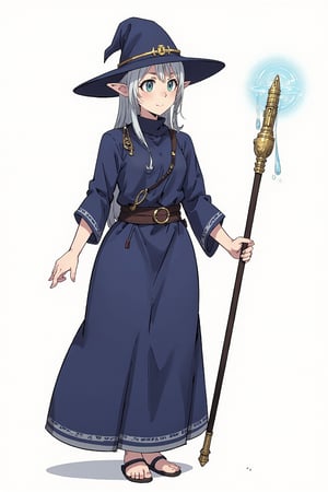 score_9, score_8_up, score_7_up, (CharacterSheet:1), elf female, dark blue mage robes with light armor, silver hair, green eyes, dynamic pose, full body, wielding a staff with water magic, wearing a witch/mage hat, reference sheet, (UHD), (digital art), (highly detailed), (simple solid background), CharacterDesignXL, cartoon, Eyes, Beautiful eyes