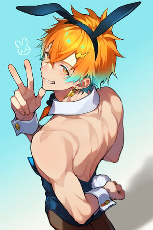 score_8_up,score_9_up,source_anime, 1boy, solo focus,usami_rito,orange hair,aqua hair,gradient hair,hair between eyes,orange eyes,hair ornament,earrings, bunnysuit, fake_animal_ears, bunny_ears, back, (wink), standing, hands_above_head, toned_male