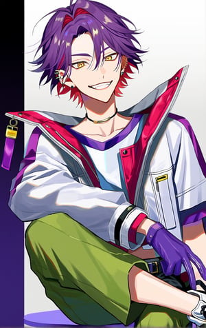 (canine:1.2),symbol_shaped_pupils,purple shirt,belt,carine,white top hat,yellow_eyes,sneakers,sports_pants,(watarai hibari:1.2),score_8,solo,1boy,teenager,(smile),(white_jacket),purple hair,magenta hair,multicolored hair,ear pierces,crossed_legs_(sitting),purple_gloves