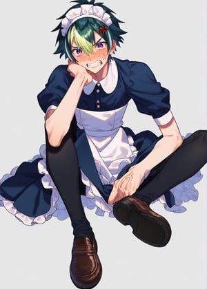 score_8_up,score_9_up,source_anime, (grey_background:1.3), (simple_background:1.3),1boy, solo focus, Inami_rai, black_hair, green_hair, multicolored hair,hair_between_eyes, purple_eyes, maid_costume, maid_headdress, (pressing_skirt_down), full-face_blushing, black_leggings, full-body_portrait, (angry:0.8), clenched_teeth, sitting_on_nothing, shoes, anger_vein, teenager