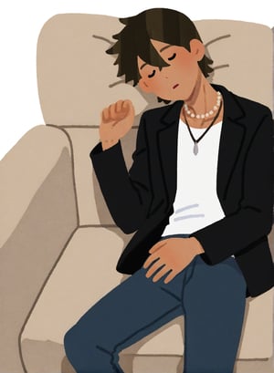 score_8_up,score_9_up,source_anime,1boy, solo,gal boy,black jacket,white shirt,dark-skinned male,brown hair,necklace,jewelry, sleeping,pants,on_the_couch