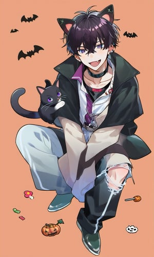 score_8_up,score_9_up,source_anime, 1boy, (solo focus), halloween_costume, black_cat, full_body, disney, white_background, simple_background,saiki_ittets,black hair, hair between eyes,purple eyes, fang