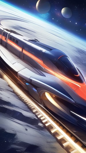 Create a futuristic space train racing along tracks in outer space. The train should have a sleek, aerodynamic design, with glowing lights along its sides and a metallic finish that reflects the stars. The tracks should appear to float in space, curving around planets and asteroids. The background should feature a vast, starry expanse with distant galaxies and colorful nebulae, adding a sense of depth and adventure to the scene. The train should give off a sense of speed, with motion blur or light trails to emphasize its rapid movement through space.