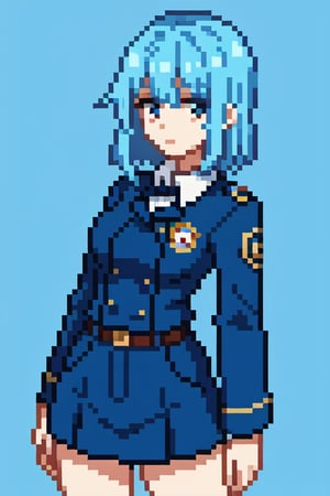 Woman with long light blue hair, in short uniform