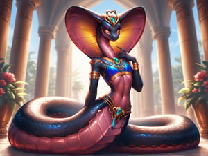 Score_9, Score_8_up, Score_7_up, volumetric_lighting, chiaroscuro_lighting, vibrant, portrait, ((full body black naga woman, apode, legless)), scalie, yuan-ti, elegant, sexy, cobra, (egyptian, predatory_smile), navel, detailed clothing, slim_waist, flat_chest, half_snake_lower_body, (black_scales, black_body, dark_scales), ((expressive, thick_eyelashes, detailed_expression, teasing, short statured)), pov, pinning_down_the_viewer, by; minus8, by: teckworks, by: 0r0ch1, by: dimwitdog, rich_fabric, armor, jewelry, interior, intricate, rich garden background, garden, Snake woman, Lamia