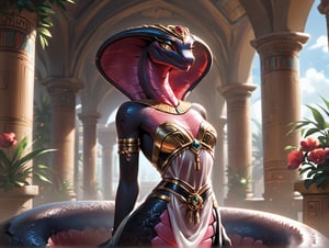 Score_9, Score_8_up, Score_7_up, volumetric_lighting, chiaroscuro_lighting, vibrant, portrait, ((black naga, apode, legless)), scalie, yuan-ti, elegant, sexy, cobra, (egyptian, predatory_smile), detailed clothing, slim_waist, flat_chest, half_snake_lower_body, (black_scales, black_body, dark_scales), ((expressive, thick_eyelashes, detailed_expression, teasing, short statured)), pov, pinning_down_the_viewer, by; minus8, by: teckworks, by: 0r0ch1, by: dimwitdog, 1girl, see through dress, rich_fabric, armor, jewelry, interior, intricate, rich garden background, garden, Snake woman, Lamia