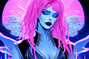 A neon pink haired pale blue fairy vampire, silver trim fantastical styled outfit, amazing thin electrical blue lines in her face, inked illustration, a digital cityscape moody haunting