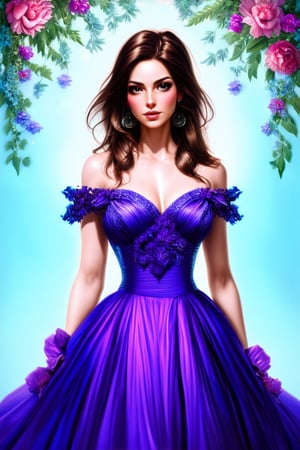 Portrait of a beautiful woman in a wondrous purple dress with flowers surrounding her realistic digital art 4k
