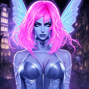 A neon pink haired pale blue fairy vampire, silver trim fantastical styled outfit, amazing thin electrical blue lines in her face, inked illustration, a digital cityscape moody haunting