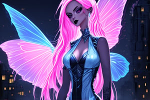 A neon pink haired pale blue fairy vampire, silver trim fantastical styled outfit, amazing thin electrical blue lines in her face, inked illustration, a digital cityscape moody haunting