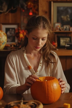 Michelle Trachtenberg sits at a rustic wooden kitchen table, surrounded by autumnal decorations. She's carving a Halloween pumpkin with a warm, golden light illuminating her features. Her long, blonde hair is tied back in a ponytail, and a few strands have escaped to frame her face. A smudge of pumpkin pulp adorns her white blouse, evidence of her creative endeavor. The atmosphere is cozy, blending spooky and playful notes, inviting the viewer into this autumnal scene.