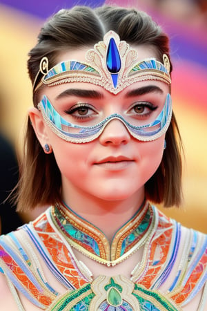 Close-up shot of Maisie Williams, a youthful and slender beauty, exuding a sporty yet elegant aura. She wears an intricately designed mask, adorned with delicate patterns and vibrant colors, as if straight from a carnival celebration. Her bright eyes sparkle beneath the ornate face covering, conveying a sense of playfulness and curiosity.