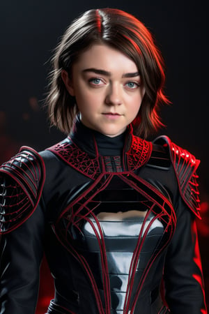 Craft a hyper realistic vertical full body photo of the most attractive stunning young girl (Maisie Williams, slight smile), fitting black nanofiber suit, intricate glowing neon red design, intricate bodysuit, transparent parts, perfectly detailed eyes, make-up, intricate beauty, sparkling, reflections, (translucent), sporty, simple background, dim light, volumetric lighting, hyper realistic, blurry foreground, blurry background, (bloodborne:1.1),