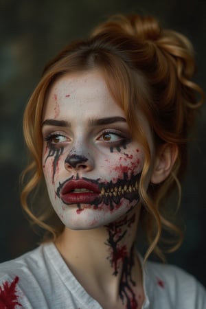 portrait, Emma Watson, shot hair, perfectly detailed and intricate zombie make-up