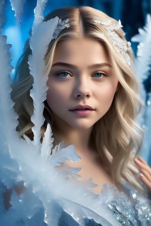 In this hyperrealistic half body shot, a youthful face (Chloë Grace Moretz), with white hair and blue-gray hues, is mesmerizing as she draws herself on a heavily frosted mirror. Her finger etches intricate patterns into the thick layer of ice, creating a super impressive, marine-painting-like effect. The alternating lighting casts a dramatic contrast between the frosted and cleared areas, highlighting the crystalline ice formations, delicate feathers, and swirls that cover the mirror's surface. Visible ice crystals add to the frozen ambiance, while an ethereal glow emanates from light refracting through the ice, amplifying the magical quality of this surreal scene.,