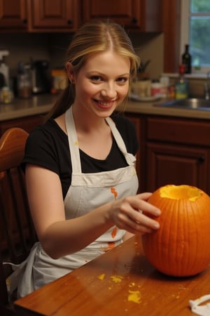 Michelle Trachtenberg sits at a wooden kitchen table, carving a Halloween pumpkin with a warm and inviting atmosphere. Her shoulder-length blonde hair is tied back in a ponytail, with a few stray strands framing her face. A white apron is wrapped around her waist, stained with orange and yellow pumpkin residue from the carving process. The camera captures a cozy and playful moment, blending eerie and whimsical tones as Michelle's bright smile suggests excitement for the Halloween celebration.