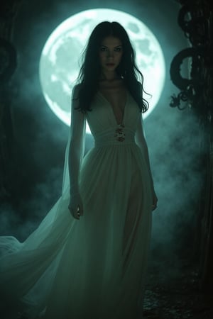 A hauntingly eerie portrait of Michelle Trachtenberg materializes before us, her translucent form glowing with an otherworldly aura. Her eyes, once bright and inquisitive, now burn with a malevolent intensity, as if fueled by a dark force. Framed against a misty, moonlit backdrop, her ghostly figure appears to be suspended mid-air, her diaphanous gown rippling like the whispers of the damned. The lighting is stark, casting long shadows that seem to writhe and twist around her ethereal form, as if trying to capture the essence of this vengeful spirit.