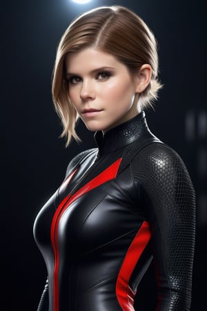 Craft a hyper realistic vertical full body photo of the most attractive stunning young girl (Kate Mara at the age of 16), fitting black nanofiber suit, intricate glowing neon red design, intricate bodysuit, transparent parts, perfectly detailed eyes, make-up, intricate beauty, sparkling, reflections, (translucent), sporty, simple background, dim light, volumetric lighting, hyper realistic, blurry foreground, blurry background, (bloodborne:1.1),