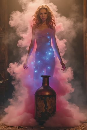 A whimsical depiction of Michelle Trachtenberg as a genie emerging from a cloud of pink and blue hues surrounding an old, decrepit flask. Her upper body materializes with a translucent quality, while her lower body dissolves into wispy smoke connected to the bottle. The scene is bathed in warm, golden lighting, with the cloudy vapor softly illuminating Michelle's ethereal form.