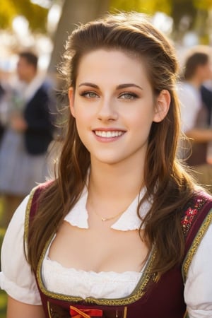 A young girl, dressed in a traditional German dirndl, stands proudly on the Oktoberfest grounds. The camera captures her from a medium shot, showcasing the generous neckline of her outfit and her radiant smile as she expertly holds a tray of steins filled with frothy beer. The warm sunlight casts a flattering glow on her face, highlighting her bright eyes and rosy cheeks as she beams at the festivities around her. Kristen Stewart