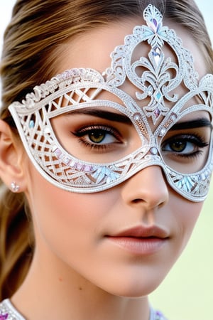 Close-up shot of Emma Watson, a youthful and slender beauty, exuding a sporty yet elegant aura. She wears an intricately designed mask, adorned with delicate patterns and vibrant colors, as if straight from a carnival celebration. Her bright eyes sparkle beneath the ornate face covering, conveying a sense of playfulness and curiosity.