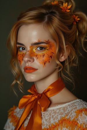 portrait, Emma Watson, shot hair, perfectly detailed and intricate pumpkin make-up