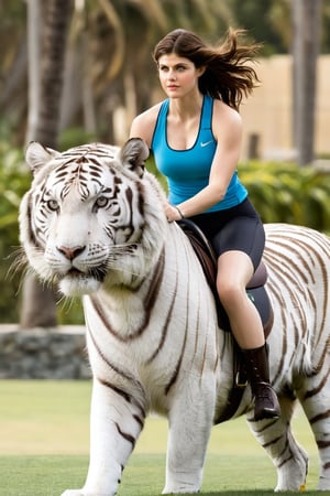 1girl, Alexandra Daddario, slim, athletic, tight-fitting clothing, riding a white tiger