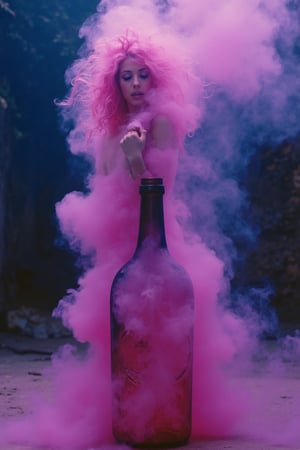 Michelle Trachtenberg as a pink genie rising from a cloud of pink and blue hues emanating from an old, ugly bottle. Her upper body materializes transparently, but her lower half becomes smoke, connecting to the bottle below.